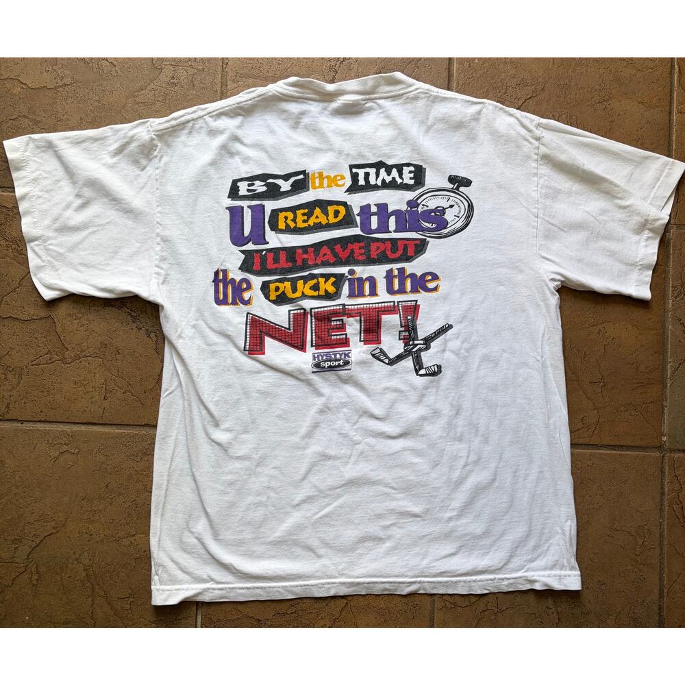 Vintage 90s HYSTYK Sport Hockey Graphic T Shirt Men’s Large White Slogan Tee